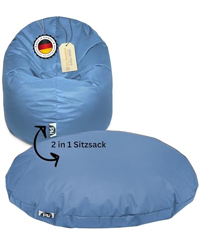 PATCH HOME Patchhome Sitzsack 2 in 1 Sitzkissen mit Reißverschluss bereits befüllt Bodenkissen Sessel BeanBag Kissen (Blaugrau, 100cm Durchmesser) von PATCH HOME