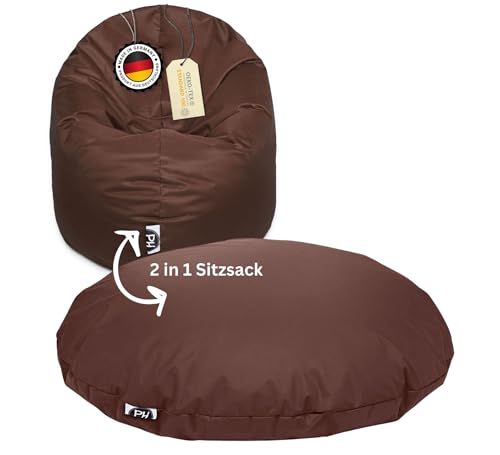 PATCH HOME Patchhome Sitzsack 2 in 1 Sitzkissen mit Reißverschluss bereits befüllt Bodenkissen Sessel BeanBag Kissen (Braun, 145cm Durchmesser) von PATCH HOME