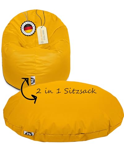 PATCH HOME Patchhome Sitzsack 2 in 1 Sitzkissen mit Reißverschluss bereits befüllt Bodenkissen Sessel BeanBag Kissen (Gelb, 100cm Durchmesser) von PATCH HOME