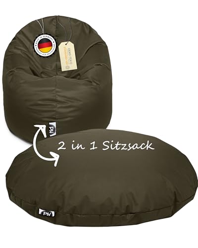 PATCH HOME Patchhome Sitzsack 2 in 1 Sitzkissen mit Reißverschluss bereits befüllt Bodenkissen Sessel BeanBag Kissen (Khaki, 100cm Durchmesser) von PATCH HOME