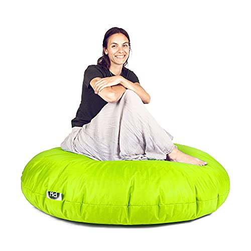 PATCH HOME Patchhome Sitzsack 2 in 1 Sitzkissen mit Reißverschluss bereits befüllt Bodenkissen Sessel BeanBag Kissen (Neon-Gelb, 100cm Durchmesser) von PATCH HOME