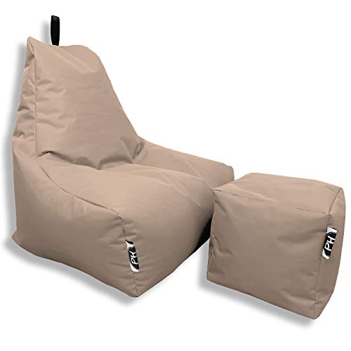 PATCH HOME Patchhome Sitzsack Lounge Sessel + Würfel/Hocker mit Reißverschluss Gamer Sitzkissen fertig mit Styropor Füllung befüllt H:82cm | T:70cm | B:75cm + 35x35cm Würfel Beige von PATCH HOME