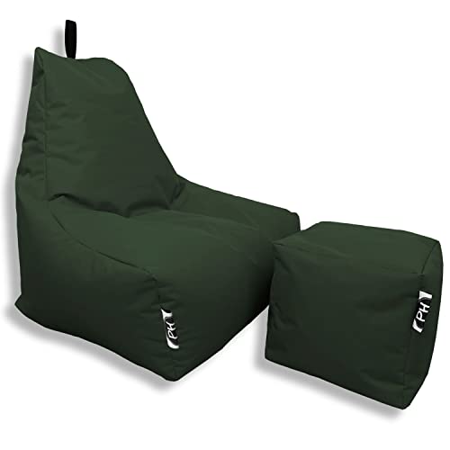 PATCH HOME Patchhome Sitzsack Lounge Sessel + Würfel/Hocker mit Reißverschluss Gamer Sitzkissen fertig mit Styropor Füllung befüllt H:82cm | T:70cm | B:75cm + 35x35cm Würfel Dunkelgrün von PATCH HOME