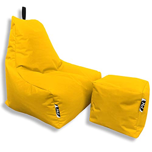 PATCH HOME Patchhome Sitzsack Lounge Sessel + Würfel/Hocker mit Reißverschluss Gamer Sitzkissen fertig mit Styropor Füllung befüllt H:82cm | T:70cm | B:75cm + 35x35cm Würfel Gelb von PATCH HOME