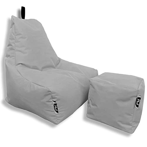 PATCH HOME Patchhome Sitzsack Lounge Sessel + Würfel/Hocker mit Reißverschluss Gamer Sitzkissen fertig mit Styropor Füllung befüllt H:82cm | T:70cm | B:75cm + 35x35cm Würfel Grau von PATCH HOME