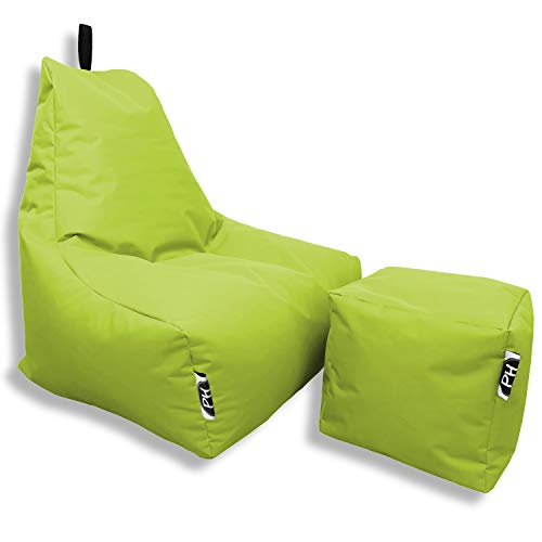 PATCH HOME Patchhome Sitzsack Lounge Sessel + Würfel/Hocker mit Reißverschluss Gamer Sitzkissen fertig mit Styropor Füllung befüllt H:82cm | T:70cm | B:75cm + 35x35cm Würfel Kiwi von PATCH HOME