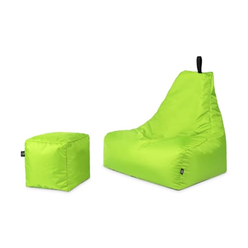 PATCH HOME Patchhome Sitzsack Lounge Sessel + Würfel/Hocker mit Reißverschluss Gamer Sitzkissen fertig mit Styropor Füllung befüllt H:82cm | T:70cm | B:75cm + 35x35cm Würfel Kiwi von PATCH HOME