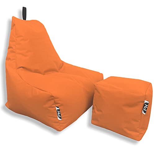 PATCH HOME Patchhome Sitzsack Lounge Sessel + Würfel/Hocker mit Reißverschluss Gamer Sitzkissen fertig mit Styropor Füllung befüllt H:82cm | T:70cm | B:75cm + 35x35cm Würfel Orange von PATCH HOME