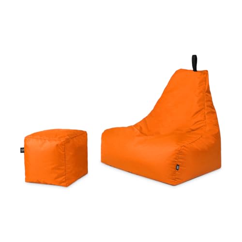 PATCH HOME Patchhome Sitzsack Lounge Sessel + Würfel/Hocker mit Reißverschluss Gamer Sitzkissen fertig mit Styropor Füllung befüllt H:82cm | T:70cm | B:75cm + 35x35cm Würfel Orange von PATCH HOME