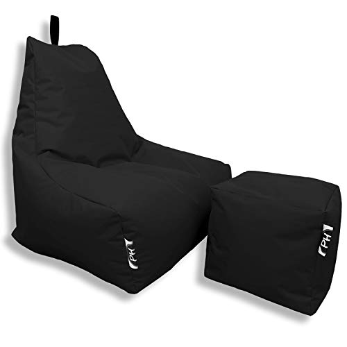 PATCH HOME Patchhome Sitzsack Lounge Sessel + Würfel/Hocker mit Reißverschluss Gamer Sitzkissen fertig mit Styropor Füllung befüllt H:82cm | T:70cm | B:75cm + 35x35cm Würfel Schwarz von PATCH HOME