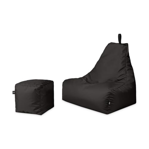 PATCH HOME Patchhome Sitzsack Lounge Sessel + Würfel/Hocker mit Reißverschluss Gamer Sitzkissen fertig mit Styropor Füllung befüllt H:82cm | T:70cm | B:75cm + 35x35cm Würfel Schwarz von PATCH HOME