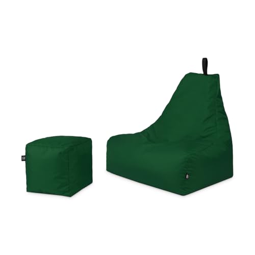 PATCH HOME Patchhome Sitzsack Lounge Sessel + Würfel/Hocker mit Reißverschluss Gamer Sitzkissen fertig mit Styropor Füllung befüllt H:90cm | T:78cm | B:82cm + 35x35cm Würfel Dunkelgrün von PATCH HOME