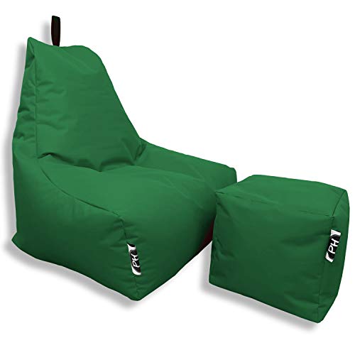 PATCH HOME Patchhome Sitzsack Lounge Sessel + Würfel/Hocker mit Reißverschluss Gamer Sitzkissen fertig mit Styropor Füllung befüllt H:90cm | T:78cm | B:82cm + 35x35cm Würfel Grün von PATCH HOME