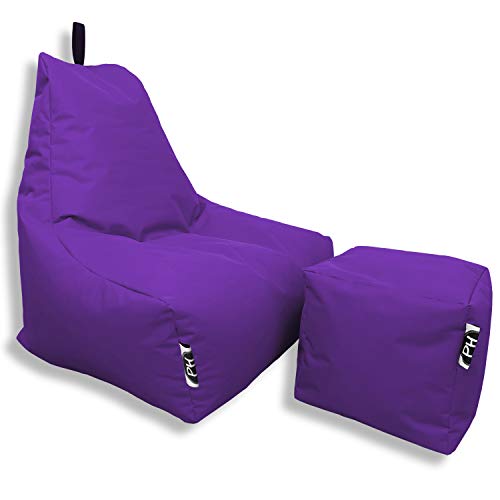PATCH HOME Patchhome Sitzsack Lounge Sessel + Würfel/Hocker mit Reißverschluss Gamer Sitzkissen fertig mit Styropor Füllung befüllt H:90cm | T:78cm | B:82cm + 35x35cm Würfel Lila von PATCH HOME