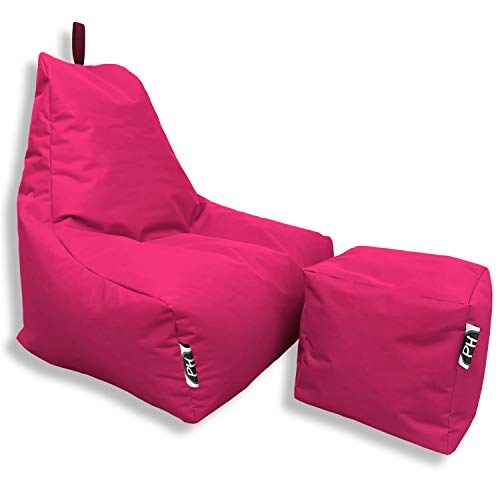 PATCH HOME Patchhome Sitzsack Lounge Sessel + Würfel/Hocker mit Reißverschluss Gamer Sitzkissen fertig mit Styropor Füllung befüllt H:90cm | T:78cm | B:82cm + 35x35cm Würfel Pink von PATCH HOME
