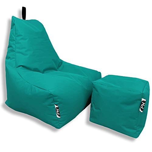 PATCH HOME Patchhome Sitzsack Lounge Sessel + Würfel/Hocker mit Reißverschluss Gamer Sitzkissen fertig mit Styropor Füllung befüllt H:90cm | T:78cm | B:82cm + 35x35cm Würfel Türkis von PATCH HOME