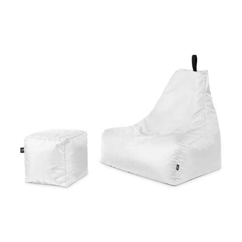 PATCH HOME Patchhome Sitzsack Lounge Sessel + Würfel/Hocker mit Reißverschluss Gamer Sitzkissen fertig mit Styropor Füllung befüllt H:90cm | T:78cm | B:82cm + 35x35cm Würfel Weiß von PATCH HOME