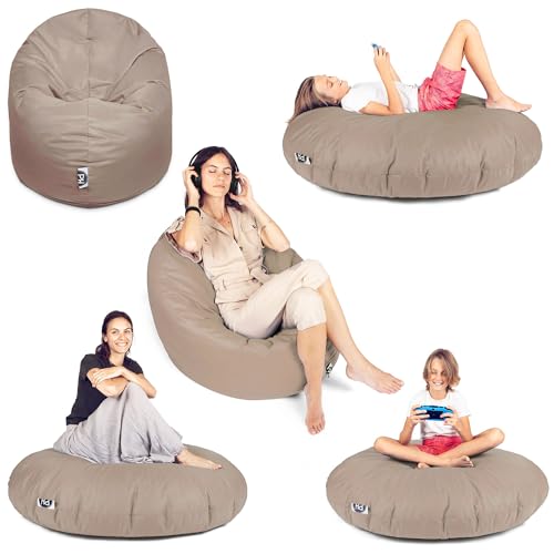 PATCH HOME Sitzsack 2 in 1 Sitzkissen Bodenkissen für Erwachsene & Kinder - Gaming mit Füllung Kissen Sessel BeanBag (Beige, Ø 155cm) von PATCH HOME