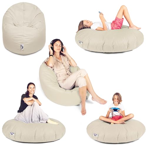 PATCH HOME Sitzsack 2 in 1 Sitzkissen Bodenkissen für Erwachsene & Kinder - Gaming mit Füllung Kissen Sessel BeanBag (Creme, Ø 155cm) von PATCH HOME