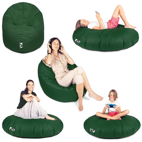 PATCH HOME Sitzsack 2 in 1 Sitzkissen Bodenkissen für Erwachsene & Kinder - Gaming mit Füllung Kissen Sessel BeanBag (Dunkelgrün, Ø 155cm) von PATCH HOME