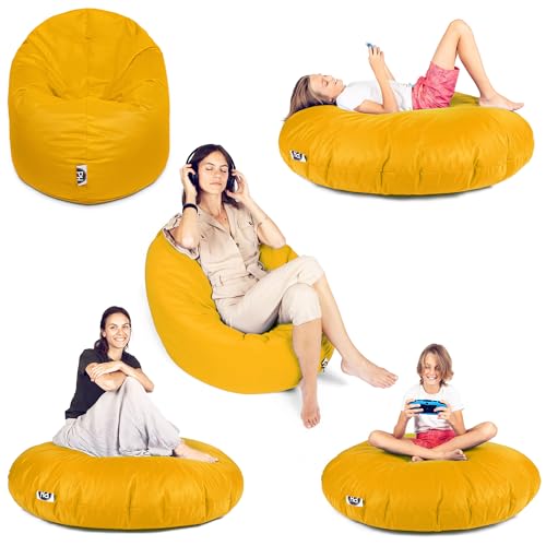 PATCH HOME Sitzsack 2 in 1 Sitzkissen Bodenkissen für Erwachsene & Kinder - Gaming mit Füllung Kissen Sessel BeanBag (Gelb, Ø 155cm) von PATCH HOME