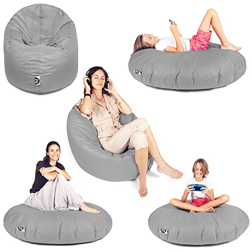 PATCH HOME Sitzsack 2 in 1 Sitzkissen Bodenkissen für Erwachsene & Kinder - Gaming mit Füllung Kissen Sessel BeanBag (Grau, Ø 155cm) von PATCH HOME