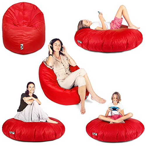 PATCH HOME Sitzsack 2 in 1 Sitzkissen Bodenkissen für Erwachsene & Kinder - Gaming mit Füllung Kissen Sessel BeanBag (Rot, Ø 155cm) von PATCH HOME