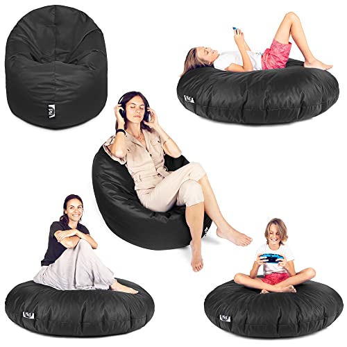 PATCH HOME Sitzsack 2 in 1 Sitzkissen Bodenkissen für Erwachsene & Kinder - Gaming mit Füllung Kissen Sessel BeanBag (Schwarz, Ø 155cm) von PATCH HOME