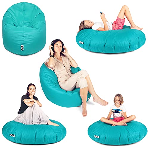 PATCH HOME Sitzsack 2 in 1 Sitzkissen Bodenkissen für Erwachsene & Kinder - Gaming mit Füllung Kissen Sessel BeanBag (Türkis, Ø 155cm) von PATCH HOME