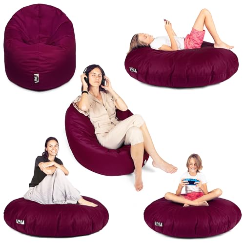 PATCH HOME Sitzsack 2 in 1 Sitzkissen Bodenkissen für Erwachsene & Kinder - Gaming mit Füllung Kissen Sessel BeanBag (Weinrot, Ø 155cm) von PATCH HOME