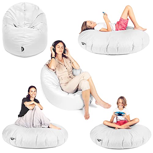 PATCH HOME Sitzsack 2 in 1 Sitzkissen Bodenkissen für Erwachsene & Kinder - Gaming mit Füllung Kissen Sessel BeanBag (Weiß, Ø 155cm) von PATCH HOME