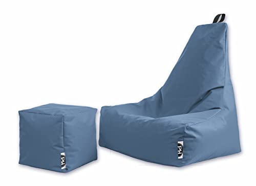 PATCH HOME Sitzsack Sitzkissen Beanbag Premium Lounge Gaming Sessel inkl. Würfel In & Outdoor geeignet fertig befüllt H:82cm | T:70cm | B:75cm + 35x35cm Würfel Blaugrau von PATCH HOME