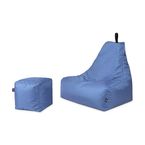 PATCH HOME Sitzsack Sitzkissen Beanbag Premium Lounge Gaming Sessel inkl. Würfel In & Outdoor geeignet fertig befüllt H:82cm | T:70cm | B:75cm + 35x35cm Würfel Blaugrau von PATCH HOME