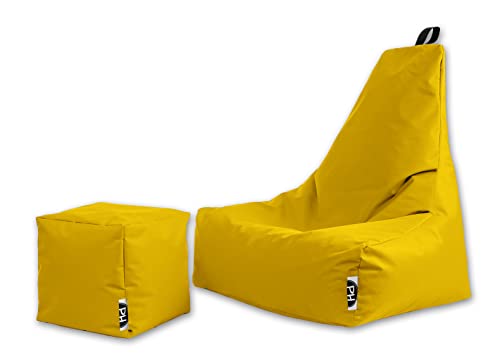 PATCH HOME Sitzsack Sitzkissen Beanbag Premium Lounge Gaming Sessel inkl. Würfel In & Outdoor geeignet fertig befüllt H:90cm | T:78cm | B:82cm + 35x35cm Würfel Gelb von PATCH HOME