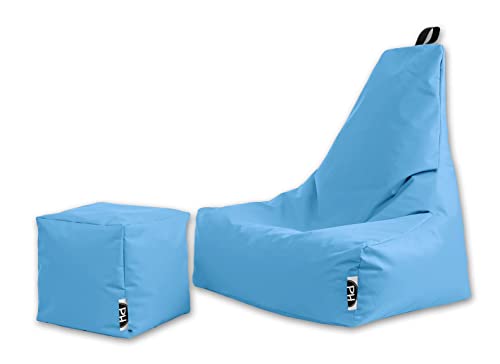 PATCH HOME Sitzsack Sitzkissen Beanbag Premium Lounge Gaming Sessel inkl. Würfel In & Outdoor geeignet fertig befüllt H:90cm | T:78cm | B:82cm + 35x35cm Würfel Hellblau von PATCH HOME