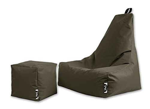 PATCH HOME Sitzsack Sitzkissen Beanbag Premium Lounge Gaming Sessel inkl. Würfel In & Outdoor geeignet fertig befüllt H:90cm | T:78cm | B:82cm + 35x35cm Würfel Khaki von PATCH HOME