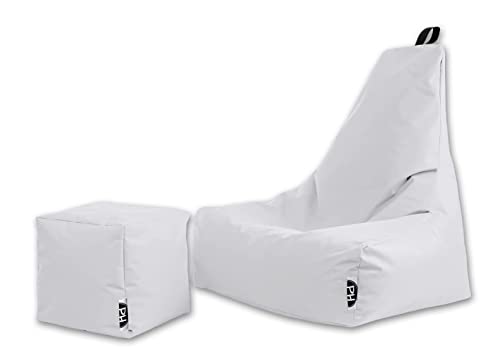 PATCH HOME Sitzsack Sitzkissen Beanbag Premium Lounge Gaming Sessel inkl. Würfel In & Outdoor geeignet fertig befüllt H:90cm | T:78cm | B:82cm + 35x35cm Würfel Weiß von PATCH HOME