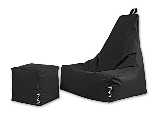 PATCH HOME Sitzsack Sitzkissen Beanbag Premium Lounge Gaming Sessel inkl. Würfel In & Outdoor geeignet fertig befüllt H:90cm | T:78cm | B:82cm + 35x35cm Würfel Schwarz von PATCH HOME