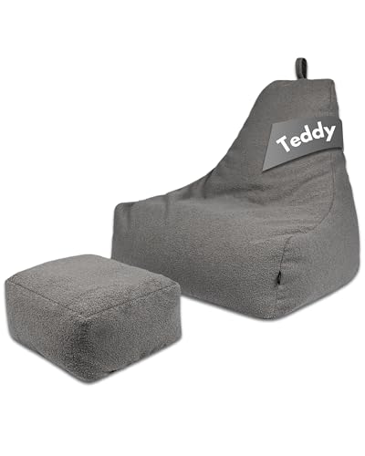 PatchHome Comfortline Teddy Sitzsack Lounge Sessel - Gaming Bean Bag Set mit Fußhocker - Komfortabler Teddy Sessel mit Füllung (Anthrazit, XXL – Sitzsack + Hocker Set) von PATCH HOME