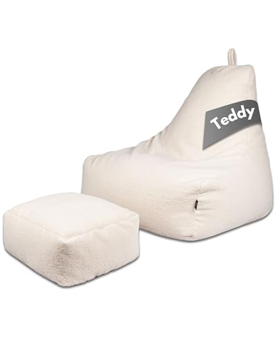 PatchHome Comfortline Teddy Sitzsack Lounge Sessel - Gaming Bean Bag Set mit Fußhocker - Komfortabler Teddy Sessel mit Füllung (Creme, XL – Sitzsack + Hocker Set) von PATCH HOME