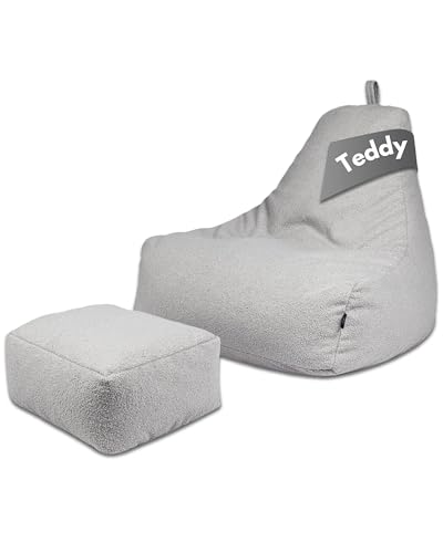 PatchHome Comfortline Teddy Sitzsack Lounge Sessel - Gaming Bean Bag Set mit Fußhocker - Komfortabler Teddy Sessel mit Füllung (Grau, XL – Sitzsack + Hocker Set) von PATCH HOME
