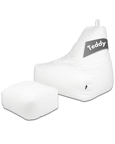 PatchHome Comfortline Teddy Sitzsack Lounge Sessel - Gaming Bean Bag Set mit Fußhocker - Komfortabler Teddy Sessel mit Füllung (Weiß, XXL – Sitzsack + Hocker Set) von PATCH HOME