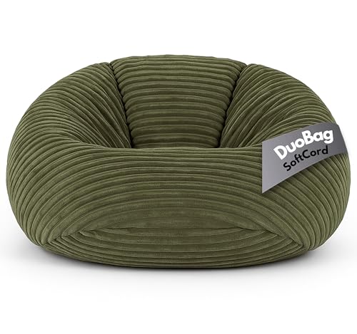 PatchHome Deluxe 2 in 1 Cord Sitzsack Sessel Bean Bag – Gaming Sitzsäcke für Erwachsene & Kinder mit Reißverschluss – Bereits befüllt – Ideal zum Sitzen und Liegen (Olivegrün, Ø155 cm) von PATCH HOME