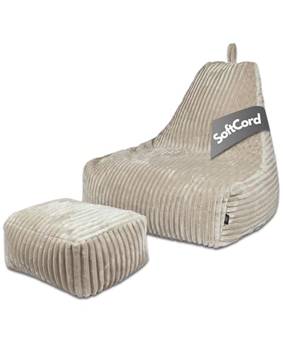 PatchHome Deluxe Cord Sitzsack Lounge Sessel - Gaming Bean Bag Set mit Fußhocker - Komfortabler Cord Sessel mit Füllung - Wohnzimmer & Schlafzimmer Möbel (Creme, XL – Sitzsack + Hocker Set) von PATCH HOME