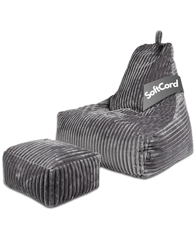 PatchHome Deluxe Cord Sitzsack Lounge Sessel - Gaming Bean Bag Set mit Fußhocker - Komfortabler Cord Sessel mit Füllung - Wohnzimmer & Schlafzimmer Möbel (Graphit, XXL – Sitzsack + Hocker Set) von PATCH HOME