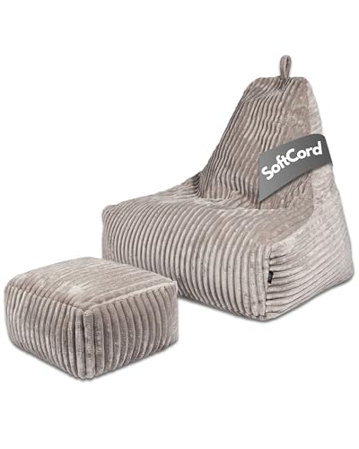 PatchHome Deluxe Cord Sitzsack Lounge Sessel - Gaming Bean Bag Set mit Fußhocker - Komfortabler Cord Sessel mit Füllung - Wohnzimmer & Schlafzimmer Möbel (Grau, XL – Sitzsack + Hocker Set) von PATCH HOME