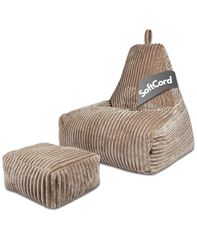 PatchHome Deluxe Cord Sitzsack Lounge Sessel - Gaming Bean Bag Set mit Fußhocker - Komfortabler Cord Sessel mit Füllung - Wohnzimmer & Schlafzimmer Möbel (Latte Macchiato, XXL – Sitzsack + Hocker Set) von PATCH HOME