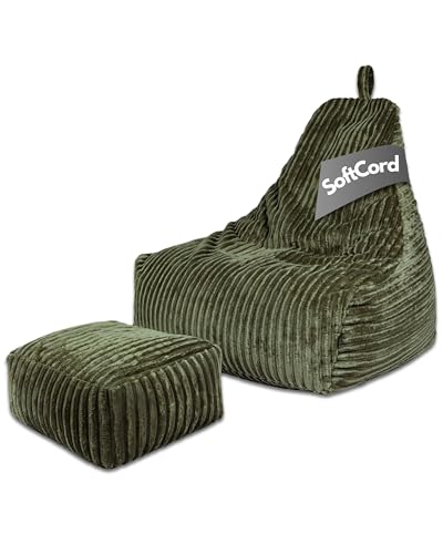 PatchHome Deluxe Cord Sitzsack Lounge Sessel - Gaming Bean Bag Set mit Fußhocker - Komfortabler Cord Sessel mit Füllung - Wohnzimmer & Schlafzimmer Möbel (Olivegrün, XL – Sitzsack + Hocker Set) von PATCH HOME