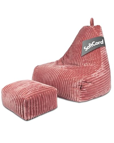 PatchHome Deluxe Cord Sitzsack Lounge Sessel - Gaming Bean Bag Set mit Fußhocker - Komfortabler Cord Sessel mit Füllung - Wohnzimmer & Schlafzimmer Möbel (Rosa, XL – Sitzsack + Hocker Set) von PATCH HOME