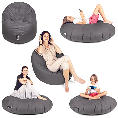 PATCH HOME Patchhome Sitzsack 2 in 1 Sitzkissen Bodenkissen für Erwachsene & Kinder - Gaming mit Füllung Kissen Sessel BeanBag (Ø 100cm, Anthrazit) von PATCH HOME